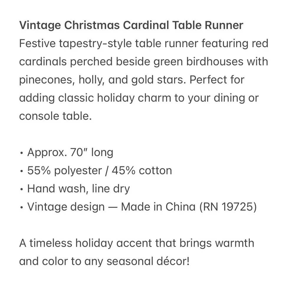 Christmas Cardinal Table‎ Runner Vintage Birdhouse Holly Red Birds Festive Decor
